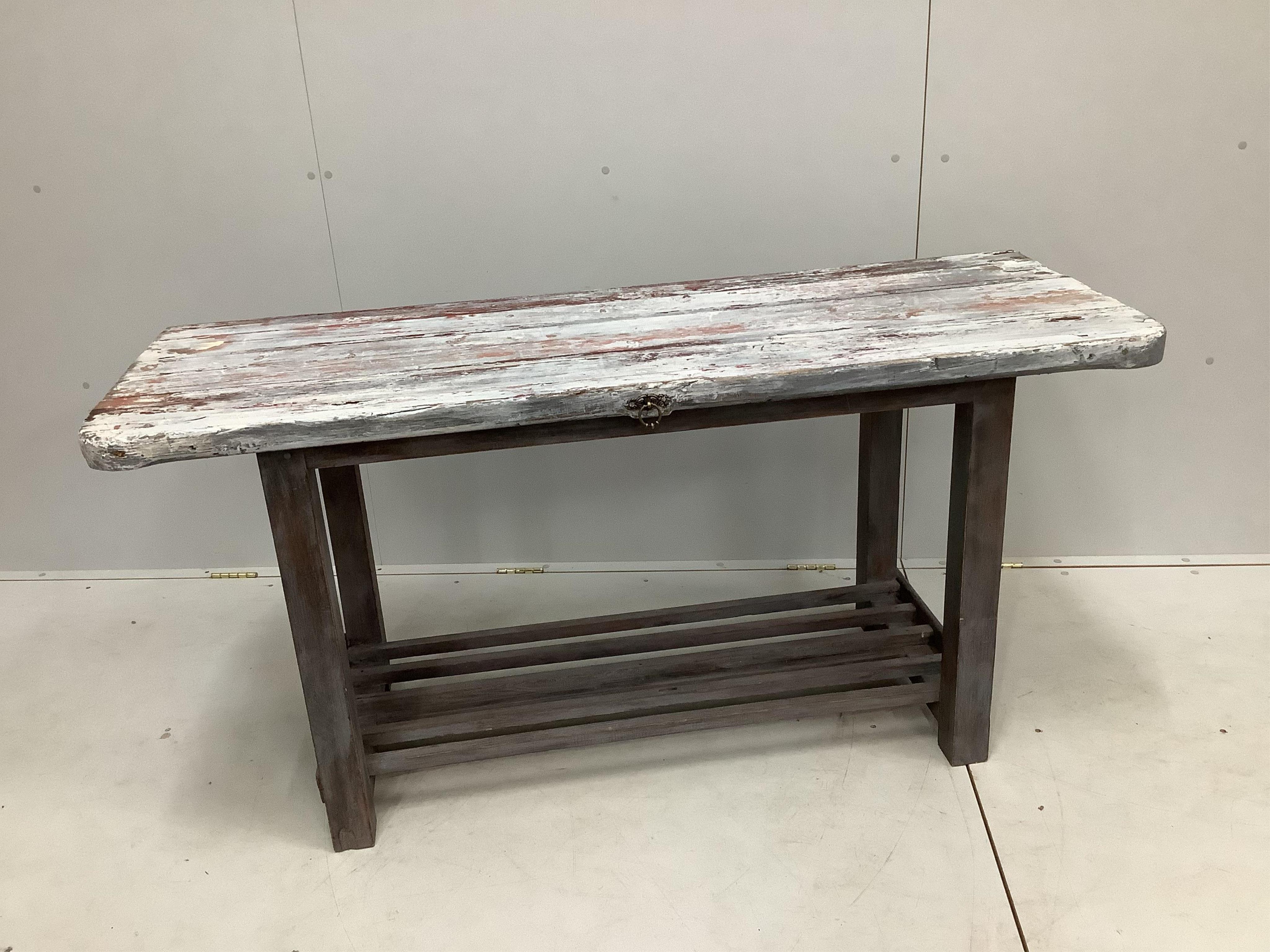 A 19th century style distressed paint rectangular serving table, width 152cm, depth 55cm, height 75cm. Condition - fair